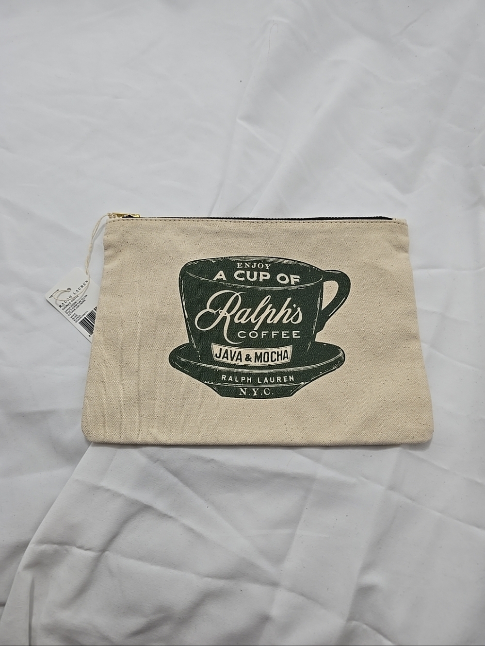 NWT Polo Ralph Lauren Ralph's Coffee Zipper Pouch Canvas Green Beige Unisex